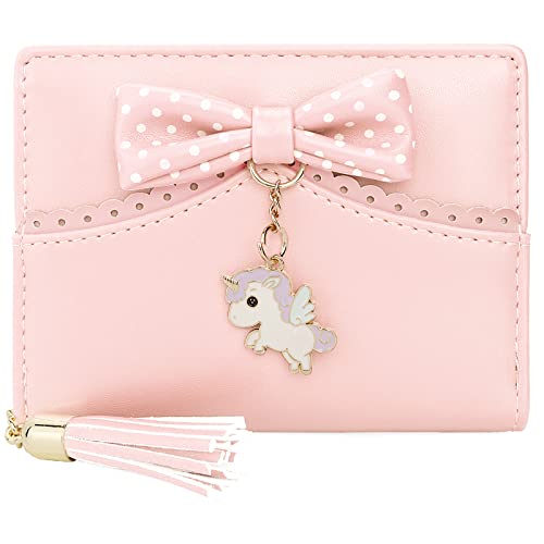 Uromee Girls Wallet Small Card Holder Women Purse Bifold Vegan Leather Zipper Coin Pocket Cute Unicorn Pendant Tassel