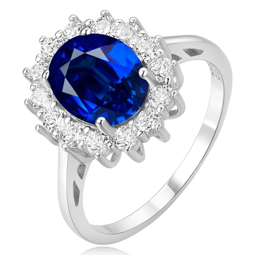 Princess Diana Halo Ring For Women with Created Sapphire in 925 Sterling Silver, Blue Birthstone 14k White Gold Plated Promise Engagement Ring For Her, Anniversary Jewelry Set For Women