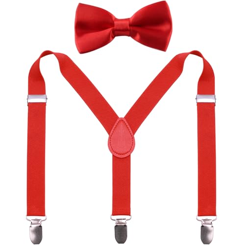 GUCHOL Child Kids Suspenders Bow Tie for Boys and Girls Adjustable Elastic Classic Accessory Sets Age 1 to 13 Year (Red 33 INCH (6-13 Year))