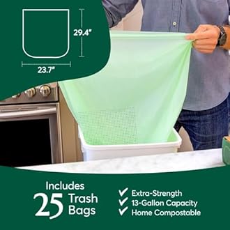 Cleanomic Compostable* 13 Gallon Trash Bags with Drawstring (3 Pack, 75 Count), BPI Certified For Kitchen Compost