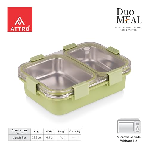 Image of ATTRO Duo Meal Stainless Steel Lunch Box with 2 Partition, Microwave Safe, Airtight Leakproof Silicone Seal Lid, BPA-Free Food Grade Tiffin Box for Office School Kids - 650ml - Green