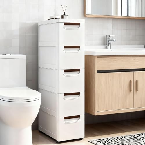 Gabinete de almacenamiento delgado para baño con cajones y ruedas de plástico ajustable 5