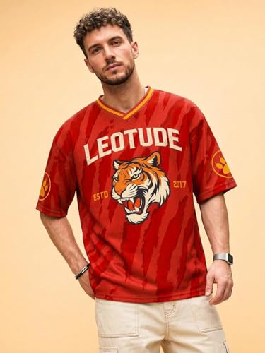 Image of LEOTUDE Men's Tiger Graphic Printed Oversized T-Shirt | Bold Black Sports Jersey Style Tee | Half Sleeve Casual Streetwear for Men's (Color:Black)