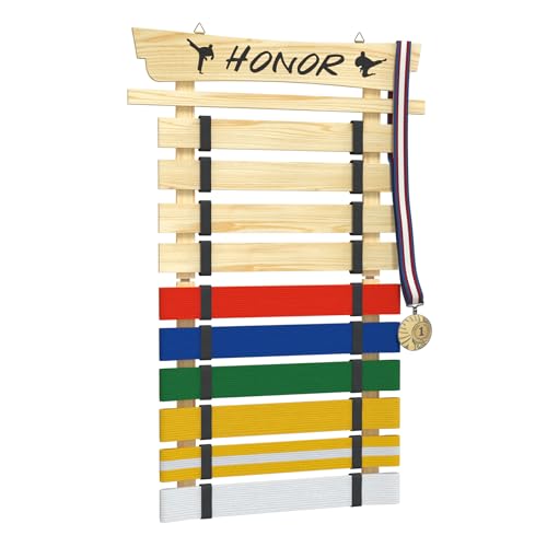 10 Belts Karate Belt Display Rack, Wood Taekwondo Belt Display No Assembly Required, Personalized Martial Arts Belt Display Holder with Stickers, Karate Gifts for Kids and Adults, Natural