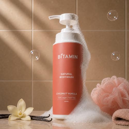 Image of Bitamin Coconut Vanilla Natural Body Wash | Moisturising Body Cleanser for Men & Women | Vitamin E and Ceramides for Skin Barrier | Vegan, Toxin Free, Brightening Bodywash for Dry Skin | 400ml