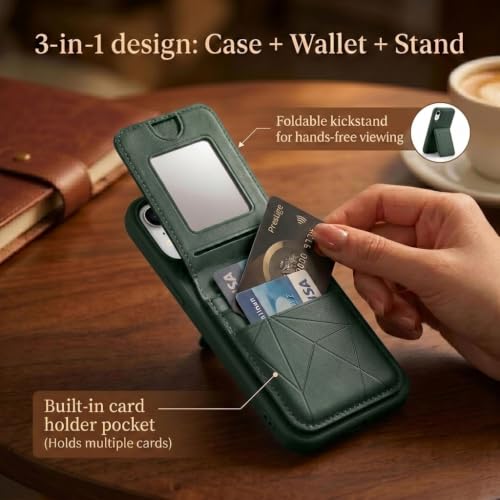 Image of amazon basics Premium Vegan Leather Back Cover with Card Holder and Integrated Mobile Stand for iPhone XR - Slim Shockproof Wallet Case with Geometric Stitching [Green]