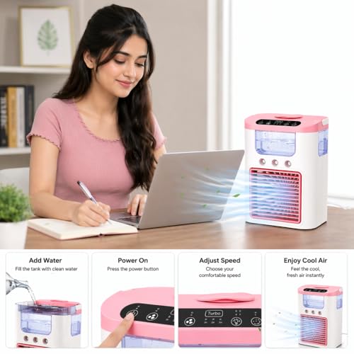 Image of Elevea 𝟏𝟓-𝐘𝐞𝐚𝐫 𝐋𝐨𝐧𝐠-𝐋𝐢𝐟𝐞 𝐖𝐚𝐫𝐫𝐚𝐧𝐭𝐲 Portable Mini Mist Fan with Water Tank, USB Powered Desk Fan, 3 Airflow Settings, Compact Table Fan for Office Desk and Home Use (Pink)