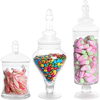 Belle Vous Clear Glass Apothecary Candy Storage Jar Set (3 Pack) - Decorative Victorian Canister Jars with Lids for Wedding & Home - For Food, Sweet Buffet, Cookies, Kitchen Display & Party