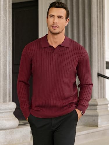 Hardaddy Men's Ribbed Knit Sweater Casual Long Sleeve Polo Sweater Collared V Neck Polo Shirts Solid Pullover Tops Wine Red 3XL — view 3