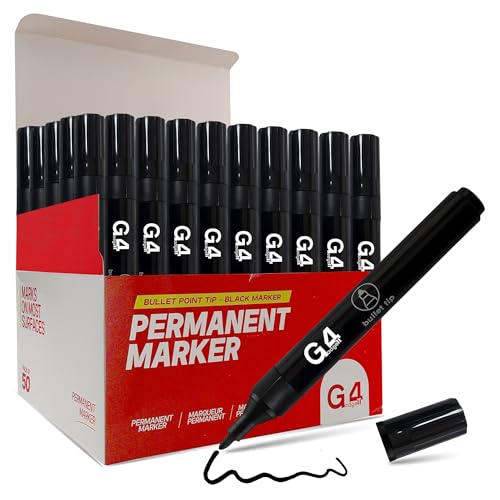 G4GADGET Black Permanent Marker Bullet Tip Fine Point Ideal for Plastic Wood Metal and Glass - Durable & Quick-Drying Ink (50)