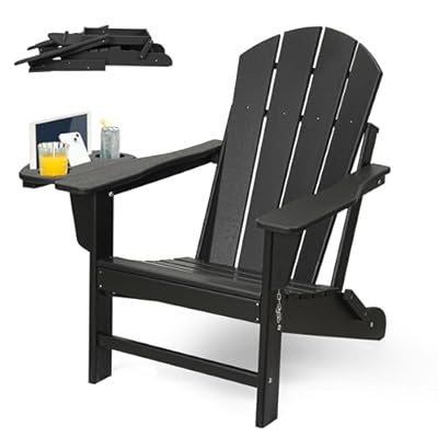 FOOWIN Folding Adirondack Chair, HDPE Adirondack Chairs with Cup Holder, Weather Resistant Plastic Fire Pit Chairs for Outdoor, Patio, Lawn, Garden, Backyard, Deck, Black