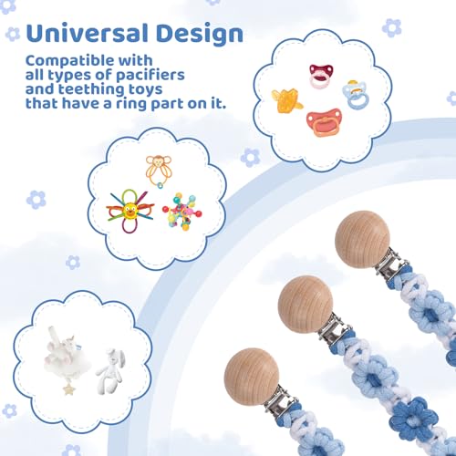Image of Pacifier Clip for Boys Girls Floral Daisy Macrame Baby Paci Clip Pacifier Holder Leash Boho Wooden Clips Handmade Braided Cotton Binky Clips (2pack:Blue Daisy x 2)