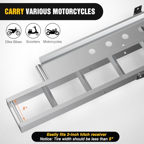 Image of Nilight Motorcycle Hitch Carrier 400LBS, Lightweight Robust Aluminum Dirt Bike Hitch Hauler with 55.11 inch Longer Ramp, Pin Lock, Tie-Down Strap and Tightener, 2 inch Receiver, 5 inch Wide Tire