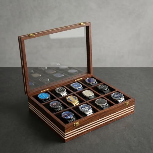 Image of Wooden Watch Box, Storage Organizer, Watch Display Case, Jewelry Holder, Gift for Men & Women - Rosewood Crafted, 3-12 Slots, Handmade Cushions (Twelve Slots)