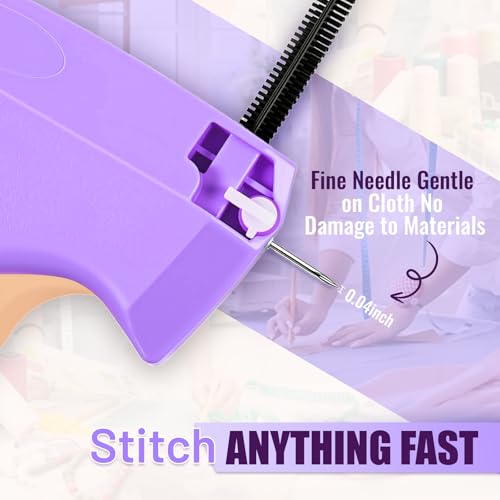 Image of Stitch Gun for Clothes - Handheld Stitch Gun Quick Clothing Fixer - Tagging Gun for Clothing, Sewing Kit-Includes 6 Needle, 1000 Black Fasteners & 1000 White Fasteners (Purple Pink)