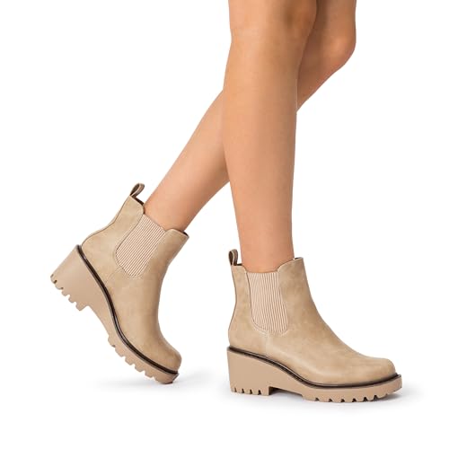 DREAM PAIRS DREAM PAIRS Women's Wedge Chelsea Ankle Boots Fashion Round Toe Low Wedge Heel Platform Booties Shoes,Size 8,Nude-Nubuck,SDAB2403W