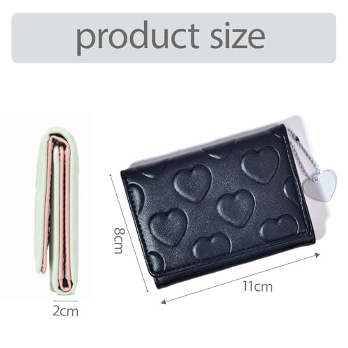 Small Wallets for Women and Girls with Heart-Shaped Pendant and Pattern, Womens Wallet PU Leather Wallet Trifold Wallets with 7 Credit Cards Slots and ID Window (Heart, Black)2