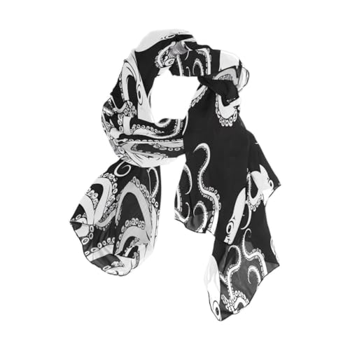 ALAZA White Kraken Black Chiffon Silk Long Scarf Shawl Wrap
