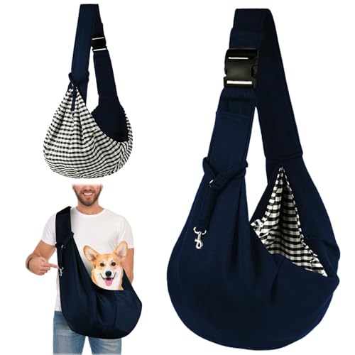 FainFun Borsa a tracolla per cani, borsa a tracolla per animali domestici, reversibile, piccola borsa per cani fino a 7 kg, regolabile, per cani, per passeggiate e attività all'aperto (blu scuro)