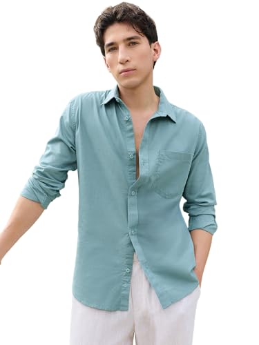 Image of Bewakoof Mens Solid Regular Fit Full Sleeve Collar Cotton Linen Blend Shirt