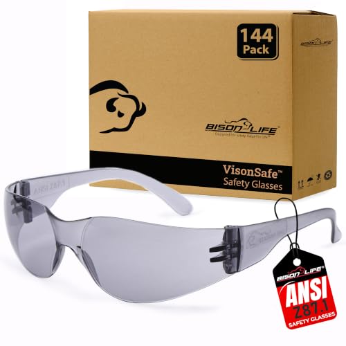 Image of BISON LIFE Gray Safety Glasses for Men & Women, Bulk, ANSI Z87.1, 144 Pack