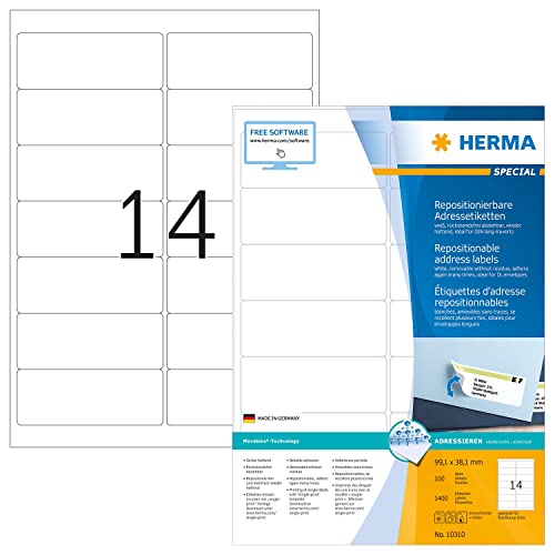 Herma 10310 99.1X38.1Mm Movables Colour Laser Paper Rectangular Removable Addressing Labels With Round Corners - Matte White (1400 Labels, 14 Per Sheet) #TOP26
