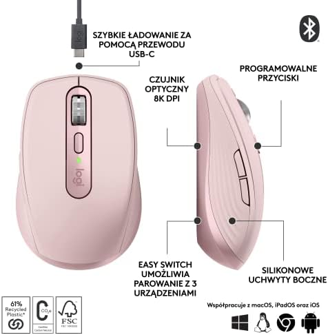 Logitech Mx Anywhere 3S 910-006931 Mysz Komputerowa, Różowy, 10,05 x 6,5 x 3,44 cm