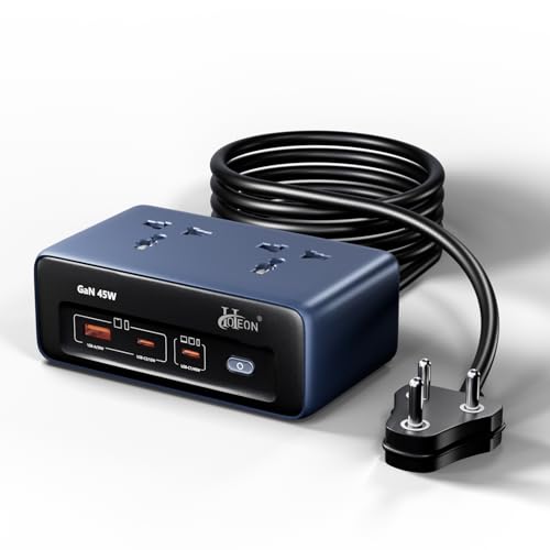Image of Hoteon Extension Board with Surge Protection, 45W USB-C PD Fast Charging (GaN), 10A /2500W Spike Guard, 2 Universal Sockets, 2 Type-C + 1 USB-A, 2m Extension Cord with Indian 3-Pin Plug for Home /Office