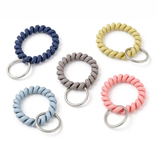 Tastetreasure Juego de 5 llaveros en espiral con cable telefónico con llavero de acero inoxidable 304, llavero elástico para muñeca para gimnasio o piscina