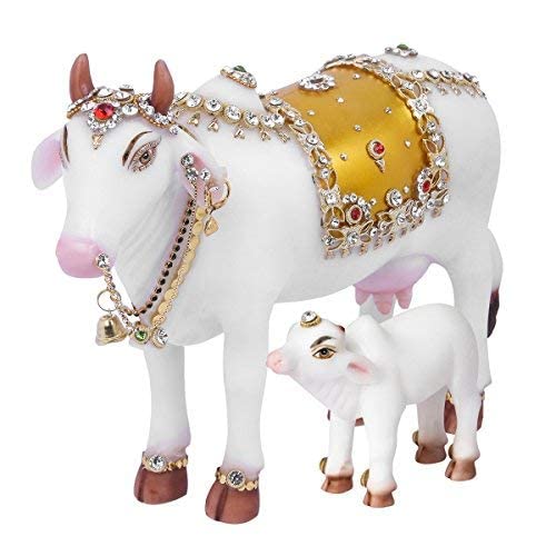 Statue Krishna Kamdhenu marbre blanc cadeau pendaison de crémaillère
