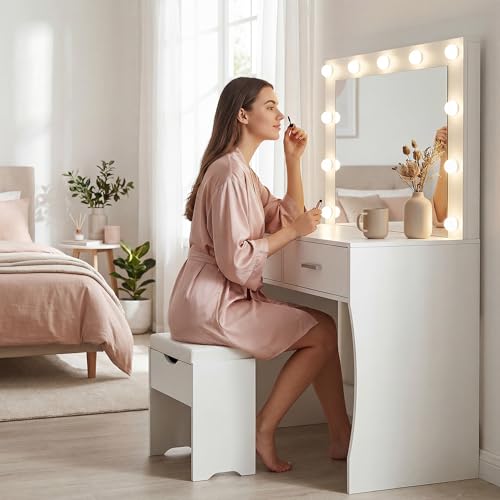 Image of YESHOMY Vanity Desk with Mirror,Makeup Vanity Table with 11 Adjustable Lights and 2 Spacious Drawers,3 Lighting Modes with Control&Soft-Padded Storage Stool,Modern Bedroom Vanity Set, White