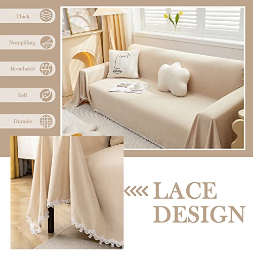 Handontime Boho Couch Covers Beige Couch Cover Blanket, Couch Protectors From Cats Scratching, White Tassel Chenille Sofa Cover, Sectional Couch Covers For L-Shape, Pet Couch Cover (71" X150",Ivory) #TOP1