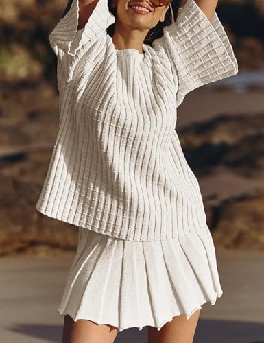 Image of Sweater Set Two Piece Skirt Sets for Women Long Sleeve Two Piece Outfits Loose Knit Pullover Mini Skirt