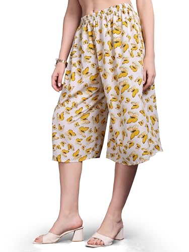 Image of THUMBA Women's Printed Poly Rayon Palazzo Pants | Wide Leg Culottes | Floral & Butterfly Print | Elastic Waist | Casual & Ethnic Wear | S M L XL 2XL 3XL