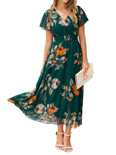 Image of Simplee Womens Floral Maxi Dress - Short Sleeve Summer Boho Wedding Guest Dress Empire Waist Chiffon Modest Midi Dresses