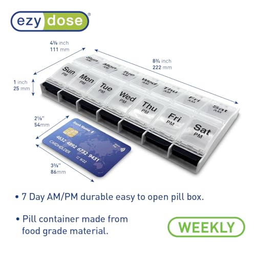 Image of Ezy Dose Weekly (7-Day) AM /PM Pill Organizer, X-Large Case, Clear /Black | Daily Vitamin Box & Supplement Planner, 2 Times a Day Push Button Compartments, Arthritis-Friendly, Travel-Friendly, BPA-Free