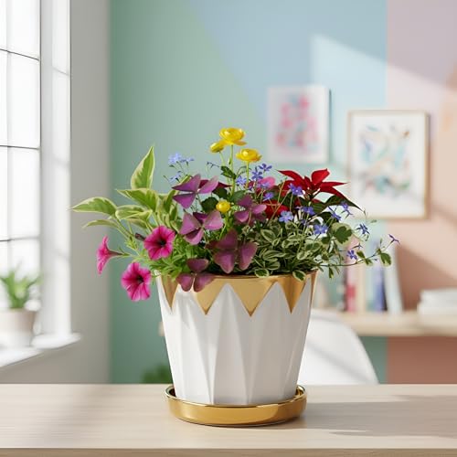 Image of Xtore Striking Geometric Ceramic Planter with Gold Accents & Drainage Tray | Sculpted Indoor Plant Pot for Tabletop, Desk & Living Space Styling (White & Gold) - Planter only