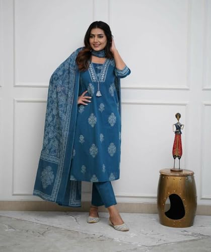 Image of PARTHVI|Women's Pure Cotton Printed with Handwork Kurta with Pants and Dupatta Set | Ethnic Set | Suit Set | Kurta Set | Wedding Suit Set