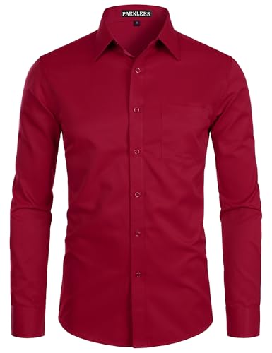 Image of PARKLEES Men's Long Sleeve Dress Shirt Solid Slim Fit Casual Business Formal Button Up Shirts with Pocket Burgundy L