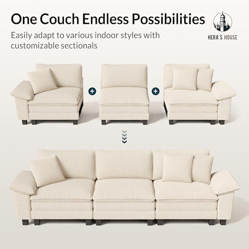 Image of HERA'S HOUSE 124 inch Oversized Modular Sectional L Shaped Sofa, Corduroy Beige | 4-Seater Living Room Couches, Wider Armrest and Deep Seat, Comfy Cloud Couch with Ottoman, Wood Sturdy Frame