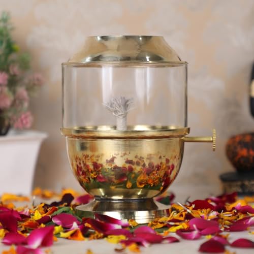 Akhand Jyot Diya in ottone puro con coperchio in vetro borosilicato, leva regolabile per stoppino di grandi dimensioni, capacità 250 ml, durata 48 ore, lampada ad olio autentica per preghiera e