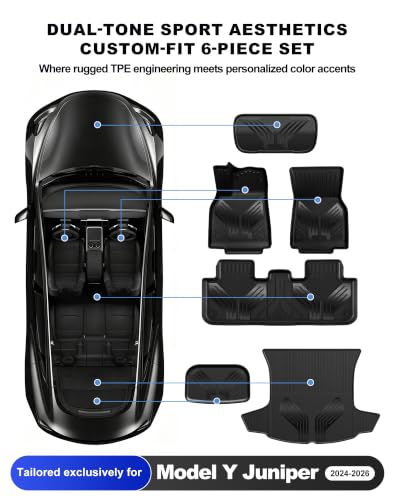 Image of Premium Color TPE Floor Mats 6-PCS for Tesla Model Y Juniper 2025 2026 |Carbon Fiber Wing Design | Car Mat Full Set Front & Rear | All-Weather Protection, Pet & Child-Friendly Accessories