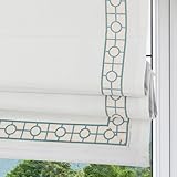 Cordless Roman Shades, Blackout Roman Shades, White Embroidered Blue Border Window Shades for Windows, Doors, Kitchen Windows