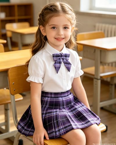 Image of Betusline Girls Skirt Set JK School Uniform 2-Piece Outfit - Short Sleeve Shirt with Bow & Pleated Skirt 4T-14Y