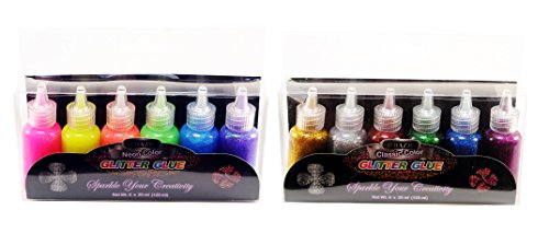 6 Color Glitter Glue Set 20 ml Bottles - NEON Colors - Green, Orange, Pink, Yellow, Blue, and Purple (2 Units) (2 Sets, Classic+Neon)