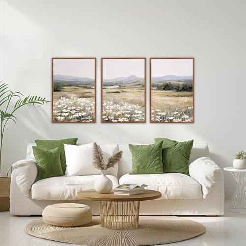ANHUIB Landscape Canvas Wall Art,Boho Floral Prints Set of 3(24”X36”),Flower Garden Paintings,Wildflower Field Scene Wall Decor,Botanical Art for Living Room Bedroom Kitchen Farmhouse Decor,Framed by ANHUIB - Used condition - Image 6