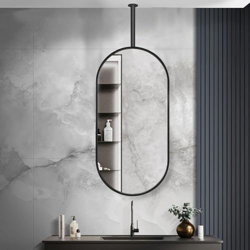 MESOVFCA Espejo con Marco de Metal Negro para Colgar en el Techo, Espejo para tocador de baño, Espejo de Pared Decorativo, Espejo Ovalado Flotante (A, 50 cm x 60 cm)