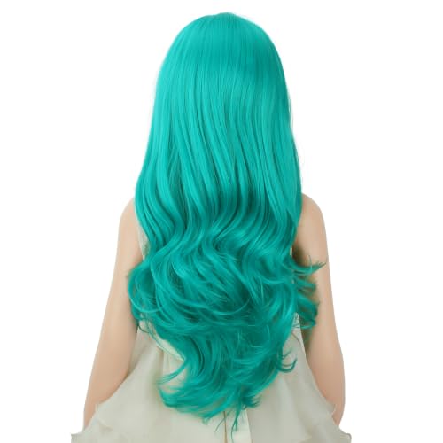 Image of PATTNIUM Blue Green Wig for KIds Girls Long Curly Wigs Middle Part Heat Resistant Synthetic Wigs Halloween Cosplay Costume Party Wig