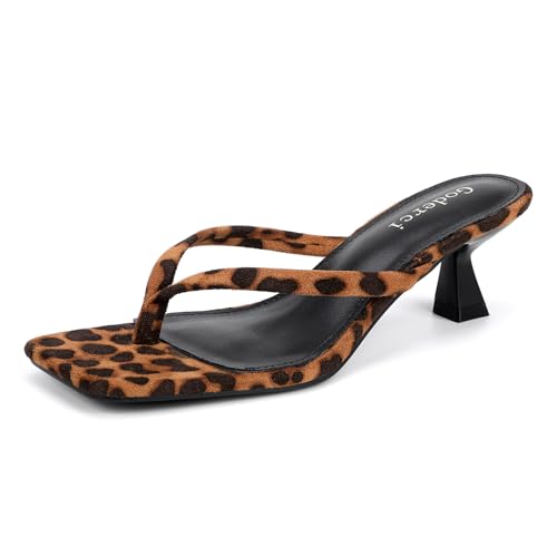 Goderci Kitten Flip Flop Thong Low Heels for Women Square Open Toe Slip On Heeled Sandals(8.5,Leopard)