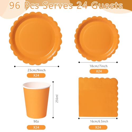 PYAILI Orange Partygeschirr, 96 Stück Pappteller Set mit Blumenmuster für 24 Gäste, Papier Teller Pappbecher Servietten für Geburtstag, Muttertag, Babyparty, Bridgerton, Teeparty